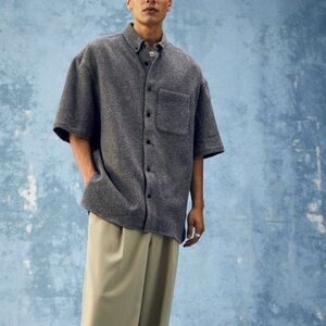 waffle knit grey button down mens shirt